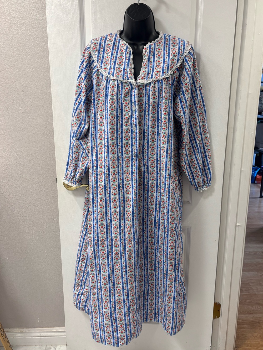 Vintage Lanz of Salzburg Lace Trim Blue Floral Stripe Cotton Long Nightgown S